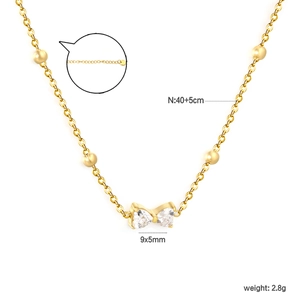 Collar de lazo dorado con circonita de corazón y cadena de cuentas, largo 40+5cm