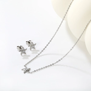 Detail of star-shaped necklace and earrings set with cubic zirconia stones