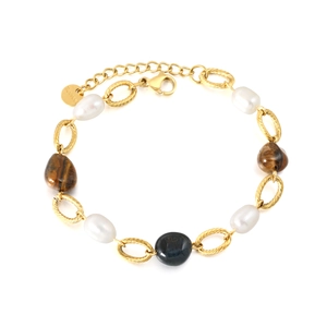 Bracelet en acier inoxydable avec œil de tigre, perles et maillons ovales évidés