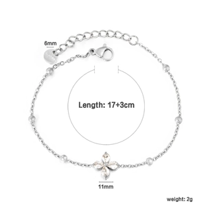 Silver stainless steel beaded bracelet with zircon floral charm and size dimensions