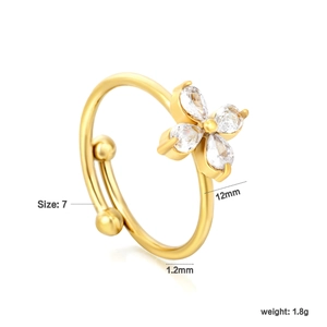 Detailed view of size 7 gold plated ring with white zircon petals and dimensions
