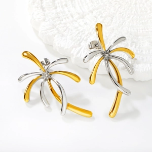 Boucles d'oreilles palmier géométriques bicolores en acier doré à l'or 18 carats