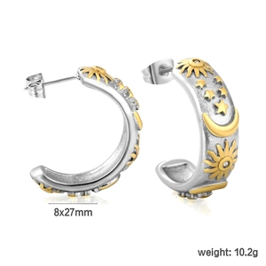 Détails des boucles d'oreilles C dorées célestes montrant la taille 27mm et le poids