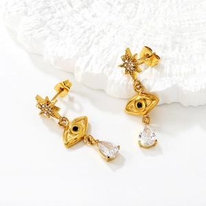 Boucles d'oreilles géométriques plaquées or 18k avec étoile œil et goutte zircon