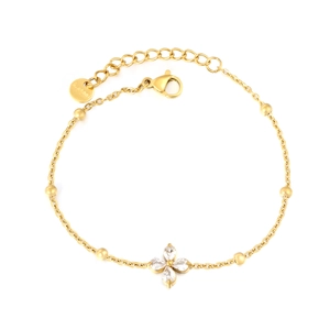 Gold stainless steel flower bracelet with white zircon stones and small metal beads