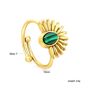 Adjustable gold plated sunburst ring featuring a green malachite stone center