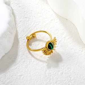 Irregular 18K gold plated adjustable ring with green malachite stone in bohemian sunburst