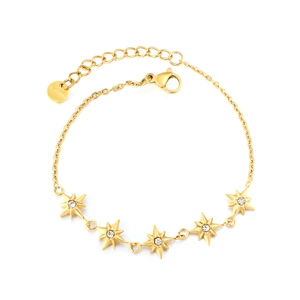 Gold stainless steel adjustable bracelet with eight-pointed stars and white crystals