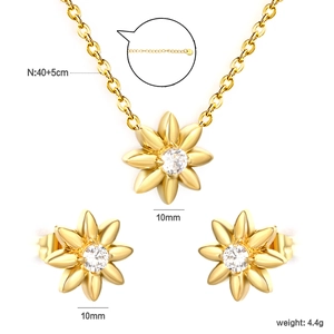 18k gold plated stainless steel floral necklace and earrings jewelry set with zircons