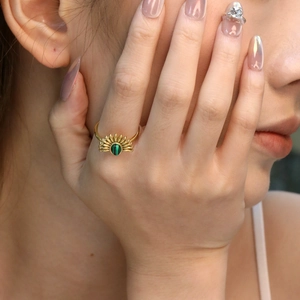 French Vintage Green Malachite Stainless Steel Ring Adjustable Sunburst Fan Shape For Women Niche Bohemian Jewelry