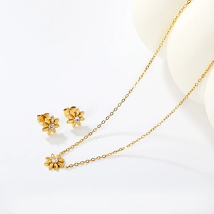 Elegant 18k gold plated flower necklace and earrings jewelry set with zircon accents