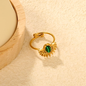 18k gold plated stainless steel sun flower open ring with green malachite stone inlay