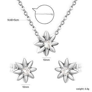 Elegant silver flower jewelry set with sparkling rhinestones, necklace and stud earrings