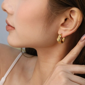 Boucles D'oreilles Créoles Épaisses En Acier Inoxydable Forme C Texture Tressée Plaqué Or 18 Carats Pour Femmes