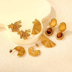 Stainless Steel Stud Earrings Women Vintage Oval Tiger Eye Stone Geometric Fan Shape Pleated Texture Rhinestone Gold Plated
