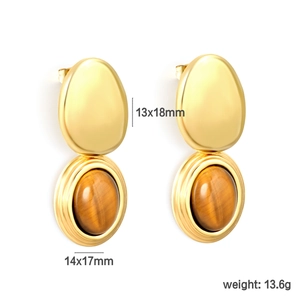 Chic 18k gold geometric drop earrings with brown tiger eye stones and oval metal discs