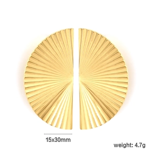Golden geometric fan-shaped stainless steel earrings with pleated texture 15x30mm