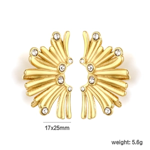 Detailed view of 18k gold irregular fan-shaped earrings with rhinestones measuring 17x25mm