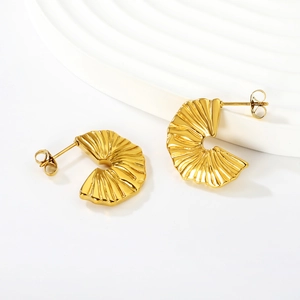 Modern 18K gold-plated irregular fan-shaped pleated stud earrings for women