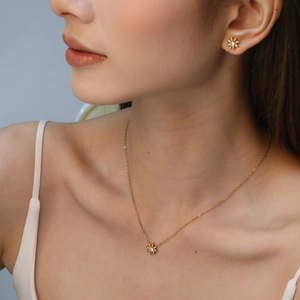 Flower Pendant Necklace And Stud Earrings Stainless Steel Inlaid White Zirconia Elegant Floral Jewelry Accessory For Women