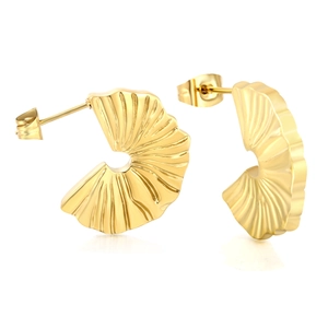 Chic gold fan-shaped geometric earrings with textured ripple design and polished finish
