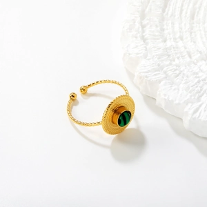 French vintage style green malachite round ring with adjustable golden twisted band