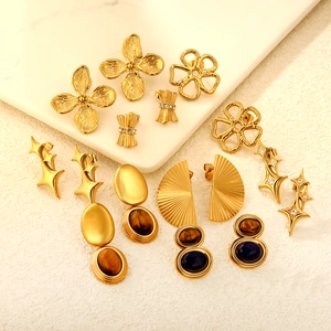 Boucles Oreilles Acier Inoxydable Plaqué Or 18K Oeil De Tigre Étoile Du Nord Fleur Nœud Zircon Bijoux Pour Femmes
