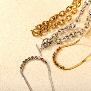 Stainless Steel Chunky Chain Necklace Colorful Cubic Zirconia Snake Chain Toggle Clasp Minimalist Jewelry For Women