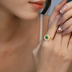 Vintage Malachite Open Ring Stainless Steel Gold Plated Round Green Stone Palace Style Adjustable Finger Jewelry For Women