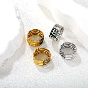 Fashionable hollow geometric layered rings with crystals in gold and silver finish