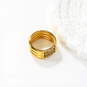 Minimalist gold stainless steel multi-layer ring with sparkling white rhinestones