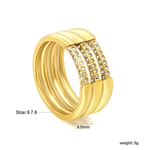 Detail showing a 9.5mm wide 18K gold ring with four rows of cubic zirconia stones