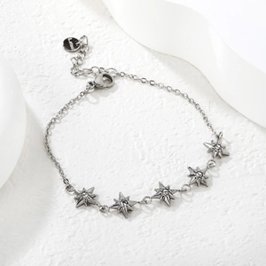 Detailed macro view of a silver stainless steel star bracelet with zircon inlay