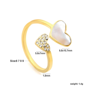 Anello aperto in acciaio dorato con inserto a cuore in madreperla e cristalli