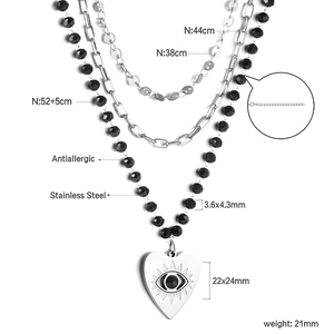 Three-layer stainless steel necklace with black beads and engraved heart eye pendant