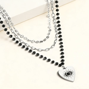 Three-layer stainless steel heart eye necklace with black beads in 18K gold plated finish