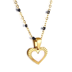 18K gold plated stainless steel heart necklace with white inlay and black beads