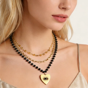 Evil Eye Heart Pendant Multi Layered Necklace Stainless Steel Gold Silver Tone Black Faceted Beads Boho Chic Women Jewelry