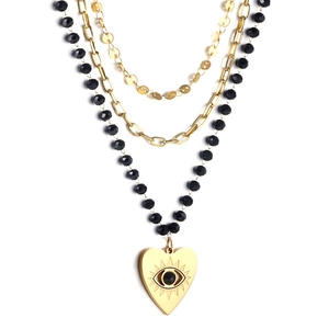 Three-layer stainless steel gold necklace featuring heart devil eye pendant and black beads