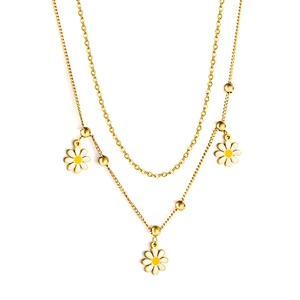 Collier double rang en acier inoxydable plaqué or 18 carats avec pendentifs marguerites