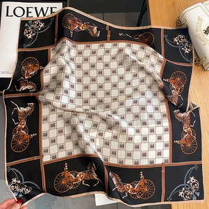 Classic carriage print silk square scarf in black and beige with vintage French patterns