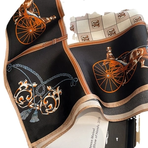 Elegant black silk scarf with European vintage horse carriage and tassel patterns