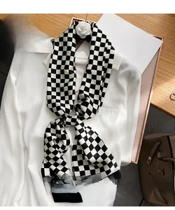 Détail d'une écharpe étroite en soie à damier drapée sur un col de chemise
