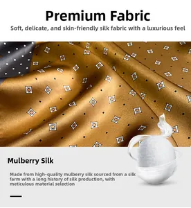 Close-up of premium mulberry silk scarf showing elegant polka dot and geometric patterns