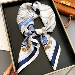 Mulberry Satin Square Scarf Women Elegant Nautical Anchor Sailboat Print Striped Fashion Neck Head Wrap