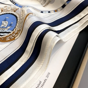 Elegant mulberry silk square scarf with nautical crown and sailboat print in navy and white
