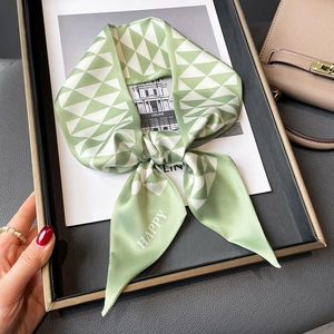 Green and white geometric satin skinny scarf with HAPPY print for neck or bag
