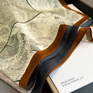 Silk scarf with artistic botanical print in caramel brown and navy blue contrast border