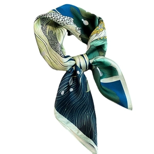 Elegant silk scarf with wave pattern and illustration design in navy blue and beige colors