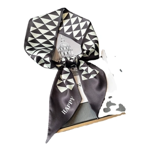 Elegant black and white geometric triangle print narrow scarf with HAPPY lettering detail